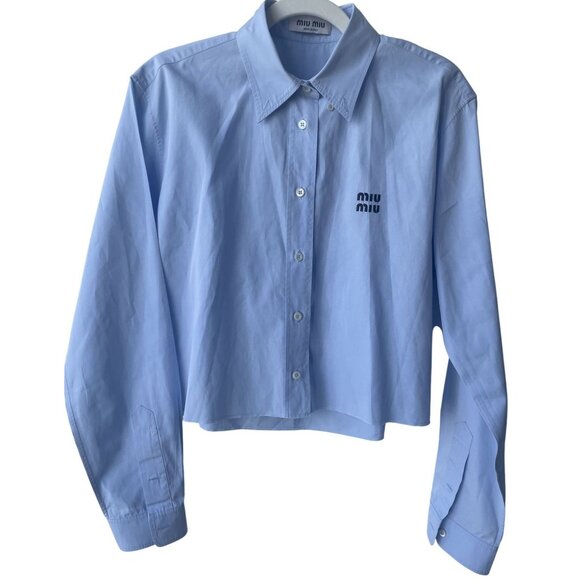 Miu Miu Light Blue Cotton Womens Cropped Button-Up Shirt With Logo Detail Long S - Picture 1 of 14